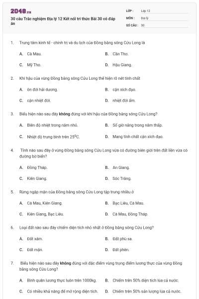 30 câu Trắc nghiệm Địa lý 12 Kết nối tri thức Bài 30 có đáp án