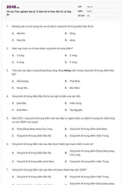 30 câu Trắc nghiệm Địa lý 12 Kết nối tri thức Bài 32 có đáp án