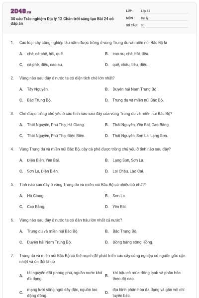 30 câu Trắc nghiệm Địa lý 12 Chân trời sáng tạo Bài 24 có đáp án