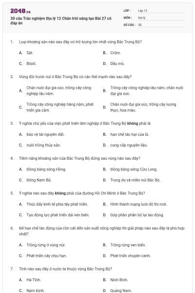 30 câu Trắc nghiệm Địa lý 12 Chân trời sáng tạo Bài 27 có đáp án