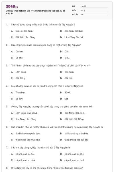 30 câu Trắc nghiệm Địa lý 12 Chân trời sáng tạo Bài 30 có đáp án