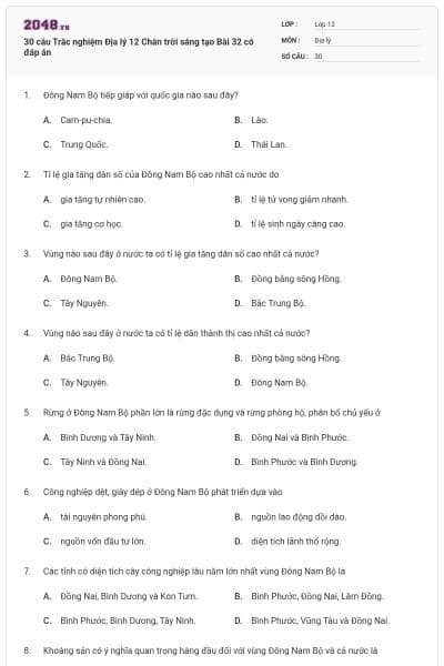30 câu Trắc nghiệm Địa lý 12 Chân trời sáng tạo Bài 32 có đáp án
