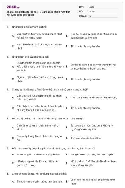 15 câu Trắc nghiệm Tin học 10 Cánh diều Mạng máy tính với cuộc sống có đáp án