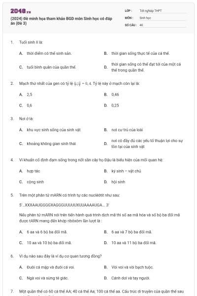 (2024) Đề minh họa tham khảo BGD môn Sinh học có đáp án (Đề 3)