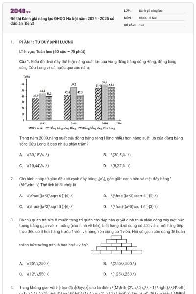 Đề thi Đánh giá năng lực ĐHQG Hà Nội năm 2024 - 2025 có đáp án (Đề 2)