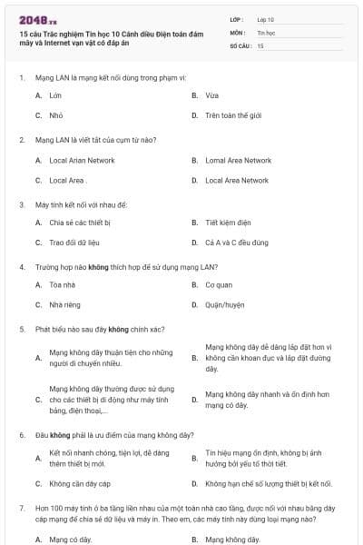 15 câu Trắc nghiệm Tin học 10 Cánh diều Điện toán đám mây và Internet vạn vật có đáp án