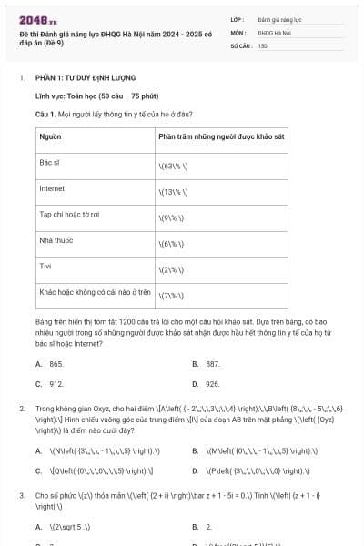 Đề thi Đánh giá năng lực ĐHQG Hà Nội năm 2024 - 2025 có đáp án (Đề 9)