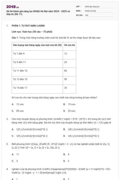 Đề thi Đánh giá năng lực ĐHQG Hà Nội năm 2024 - 2025 có đáp án (Đề 11)