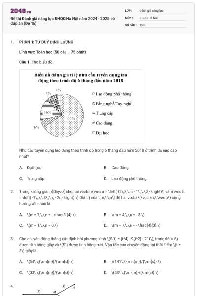 Đề thi Đánh giá năng lực ĐHQG Hà Nội năm 2024 - 2025 có đáp án (Đề 16)