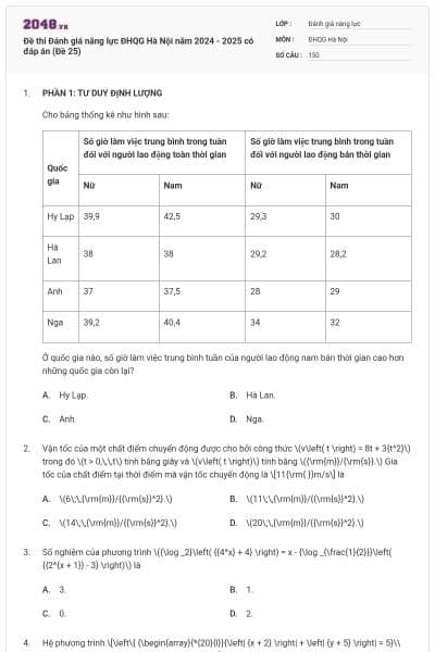 Đề thi Đánh giá năng lực ĐHQG Hà Nội năm 2024 - 2025 có đáp án (Đề 25)
