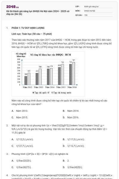 Đề thi Đánh giá năng lực ĐHQG Hà Nội năm 2024 - 2025 có đáp án (Đề 26)