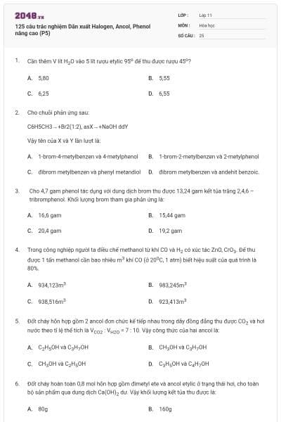 125 câu trắc nghiệm Dẫn xuất Halogen, Ancol, Phenol nâng cao (P5)