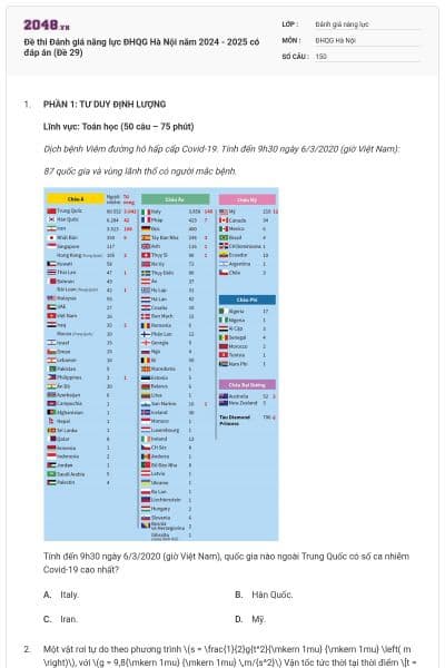 Đề thi Đánh giá năng lực ĐHQG Hà Nội năm 2024 - 2025 có đáp án (Đề 29)