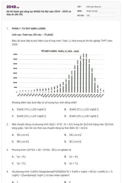 Đề thi Đánh giá năng lực ĐHQG Hà Nội năm 2024 - 2025 có đáp án (Đề 30)