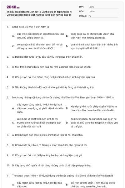 76 câu Trắc nghiệm Lịch sử 12 Cánh diều ôn tập Chủ đề 4: Công cuộc đổi mới ở Việt Nam từ 1986 đến nay có đáp án