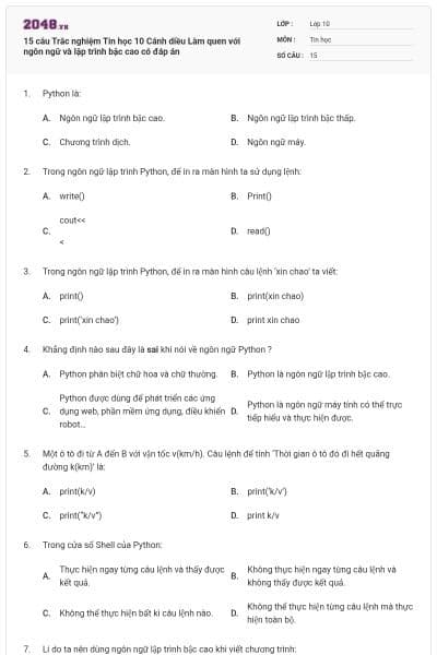 15 câu Trắc nghiệm Tin học 10 Cánh diều Làm quen với ngôn ngữ và lập trình bậc cao có đáp án
