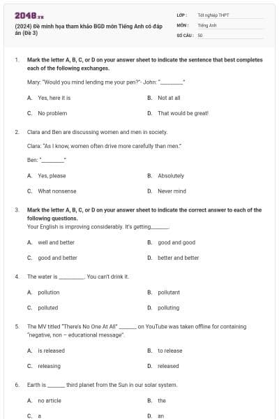 (2024) Đề minh họa tham khảo BGD môn Tiếng Anh có đáp án (Đề 3)