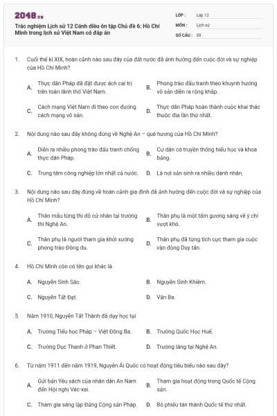 Trắc nghiệm Lịch sử 12 Cánh diều ôn tập Chủ đề 6: Hồ Chí Minh trong lịch sử Việt Nam có đáp án