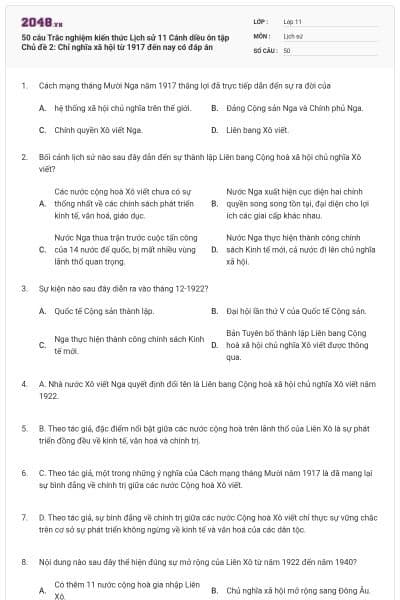 50 câu Trắc nghiệm kiến thức Lịch sử 11 Cánh diều ôn tập Chủ đề 2: Chỉ nghĩa xã hội từ 1917 đến nay có đáp án