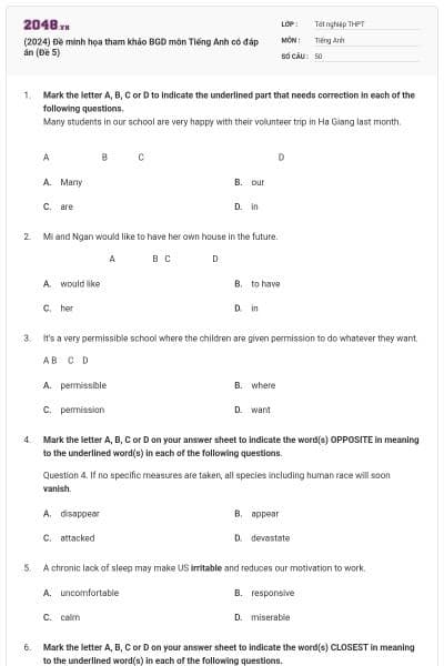 (2024) Đề minh họa tham khảo BGD môn Tiếng Anh có đáp án (Đề 5)
