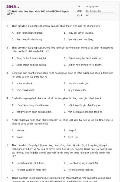 (2024) Đề minh họa tham khảo BGD môn GDCD có đáp án (Đề 31)