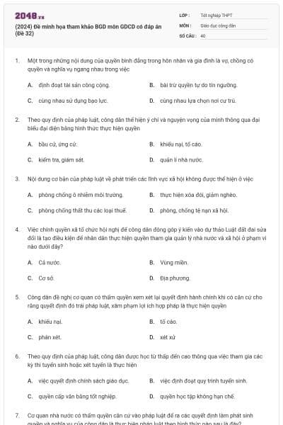 (2024) Đề minh họa tham khảo BGD môn GDCD có đáp án (Đề 32)