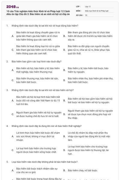 10 câu Trắc nghiệm kiến thức Kinh tế và Pháp luật 12 Cánh diều ôn tập Chủ đề 3: Bảo hiểm và an sinh xã hội có đáp án