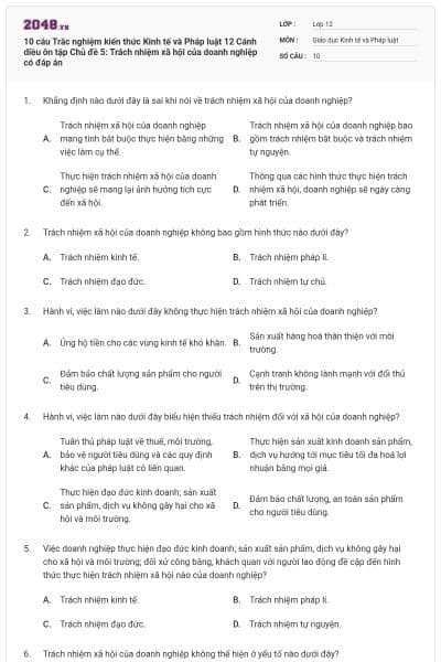 10 câu Trắc nghiệm kiến thức Kinh tế và Pháp luật 12 Cánh diều ôn tập Chủ đề 5: Trách nhiệm xã hội của doanh nghiệp có đáp án