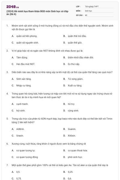 (2024) Đề minh họa tham khảo BGD môn Sinh học có đáp án (Đề 6)
