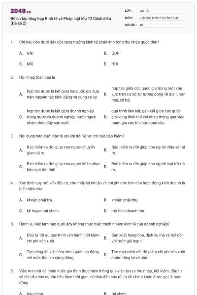 Đề ôn tập tổng hợp Kinh tế và Pháp luật lớp 12 Cánh diều (Đề số 2)