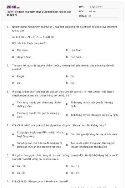 (2024) Đề minh họa tham khảo BGD môn Sinh học có đáp án (Đề 7)