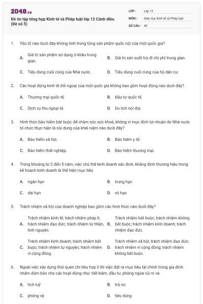 Đề ôn tập tổng hợp Kinh tế và Pháp luật lớp 12 Cánh diều (Đề số 5)