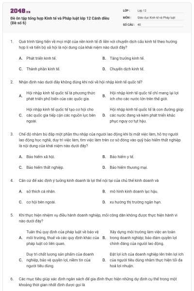 Đề ôn tập tổng hợp Kinh tế và Pháp luật lớp 12 Cánh diều (Đề số 6)