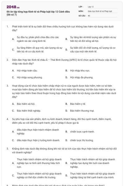 Đề ôn tập tổng hợp Kinh tế và Pháp luật lớp 12 Cánh diều (Đề số 7)