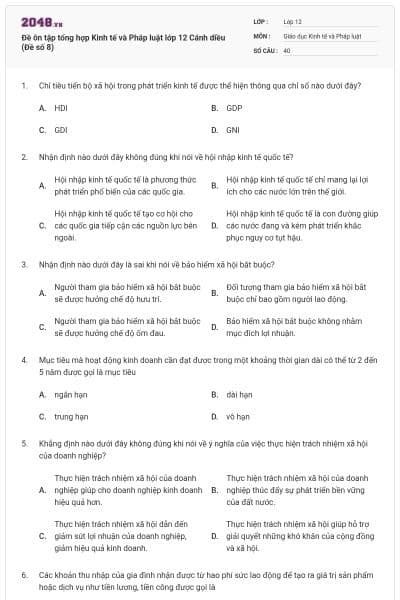 Đề ôn tập tổng hợp Kinh tế và Pháp luật lớp 12 Cánh diều (Đề số 8)