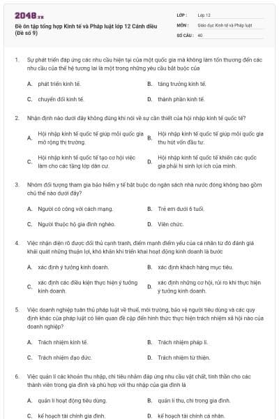 Đề ôn tập tổng hợp Kinh tế và Pháp luật lớp 12 Cánh diều (Đề số 9)