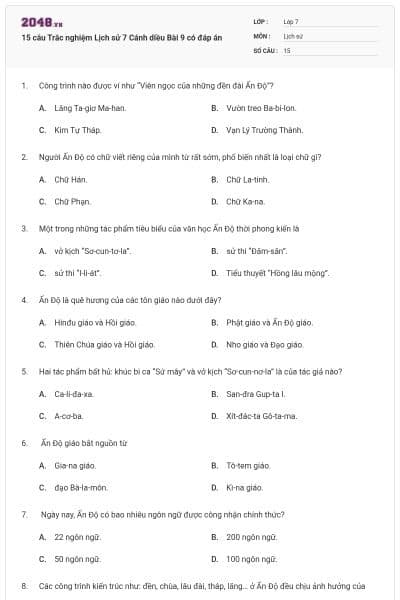 15 câu Trắc nghiệm Lịch sử 7 Cánh diều Bài 9 có đáp án