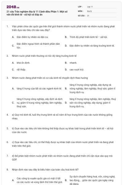 21 câu Trắc nghiệm Địa lý 11 Cánh diều Phần 1: Một số vấn đề kinh tế - xã hội có đáp án