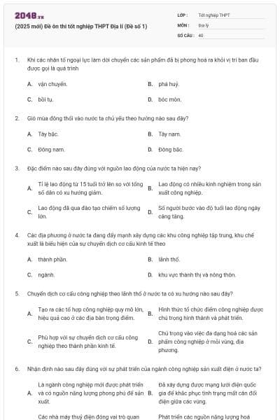 (2025 mới) Đề ôn thi tốt nghiệp THPT Địa lí (Đề số 1)