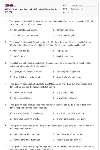 (2024) Đề minh họa tham khảo BGD môn GDCD có đáp án (Đề 36)