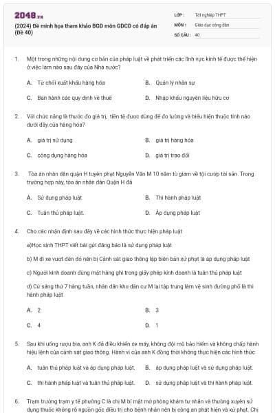 (2024) Đề minh họa tham khảo BGD môn GDCD có đáp án (Đề 40)