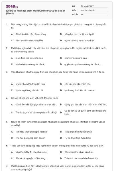 (2024) Đề minh họa tham khảo BGD môn GDCD có đáp án (Đề 41)