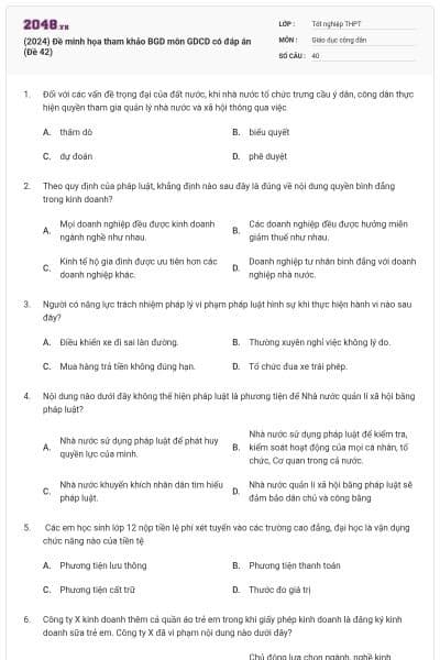 (2024) Đề minh họa tham khảo BGD môn GDCD có đáp án (Đề 42)
