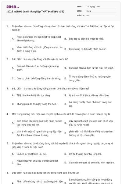(2025 mới) Đề ôn thi tốt nghiệp THPT Địa lí (Đề số 3)