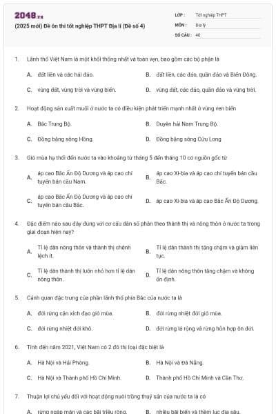 (2025 mới) Đề ôn thi tốt nghiệp THPT Địa lí (Đề số 4)