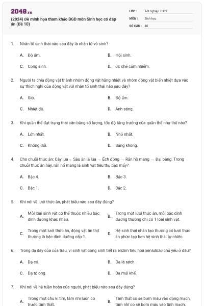 (2024) Đề minh họa tham khảo BGD môn Sinh học có đáp án (Đề 10)