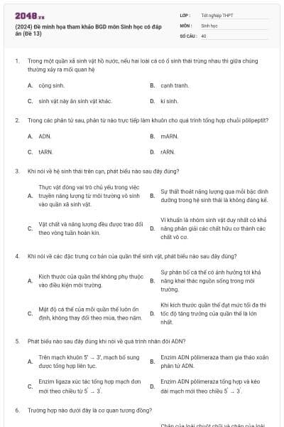 (2024) Đề minh họa tham khảo BGD môn Sinh học có đáp án (Đề 13)