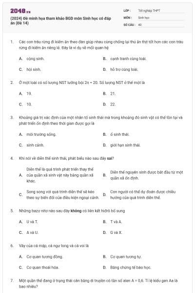 (2024) Đề minh họa tham khảo BGD môn Sinh học có đáp án (Đề 14)