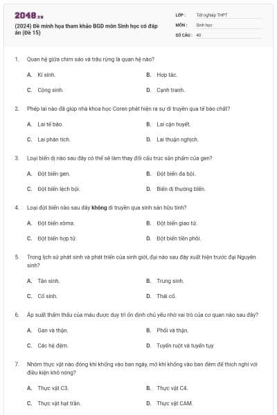 (2024) Đề minh họa tham khảo BGD môn Sinh học có đáp án (Đề 15)