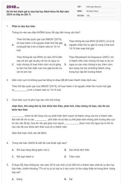 Đề thi thử đánh giá tư duy Đại học Bách khoa Hà Nội năm 2024 có đáp án (Đề 7)